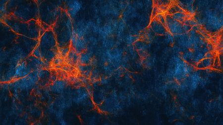 This abstract image features a dynamic cosmic texture with striking orange streaks set against a deep blue background, perfect for artistic designs.の素材