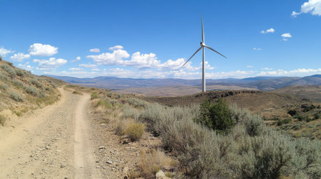 A beautiful view of a rural dirt road leading toward a wind turbine, set against a backdrop of blue skies and soft white clouds, showcasing renewable energy.の素材