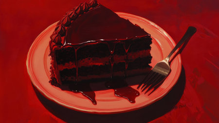 A luscious slice of chocolate cake sits elegantly on a plate, drizzled with rich ganache and accompanied by a fork, inviting sweet indulgence.の素材