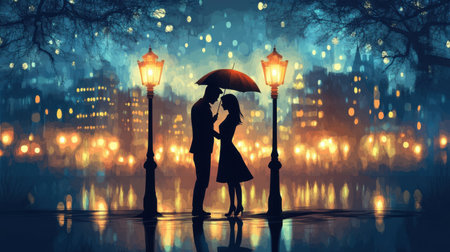 A romantic scene depicts a couple sharing a tender moment under an umbrella in a beautifully lit urban setting, surrounded by glowing streetlights and a sparkling water reflection.の素材