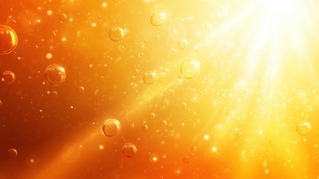 This vibrant abstract background features bubbles floating in a gradient of golden orange and yellow hues, enhanced by radiant light rays. Ideal for various creative projects.の素材