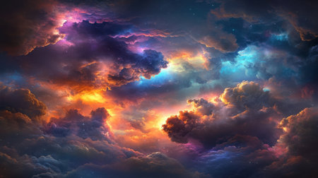 A captivating display of colorful cosmic clouds fills the night sky, showcasing vibrant hues and stunning light effects for artistic inspiration.の素材