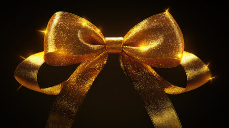 A stunning golden bow featuring a dazzling glitter texture, perfect for gifts and decoration. This elegant accessory adds a festive touch to any occasion.の素材