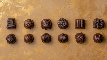 A stunning array of assorted dark chocolate bonbons arranged neatly on a luxurious golden background, showcasing their rich textures and finishes.の素材