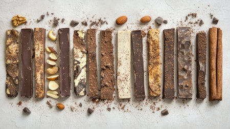 A stunning array of chocolate bars and nutty delights, beautifully arranged on a light surface, showcasing various flavors and textures that entice the senses.の素材