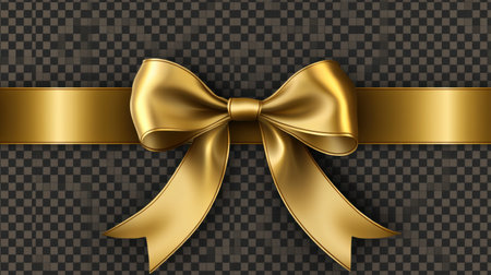 A stunning gold bow with ribbon set against a dark checkered background, perfect for enhancing gift wrap and celebratory themes. Ideal for design projects.の素材