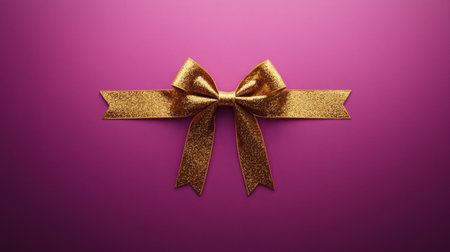 This stunning image features a glossy gold bow placed against a vibrant pink background. Ideal for gifts and celebratory events, it showcases elegance and style.の素材