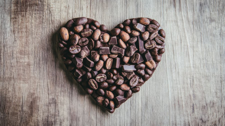 This captivating image features a heart shape formed from coffee beans and dark chocolate pieces, set against a rustic wooden background. Perfect for coffee enthusiasts and romantic themes.の素材