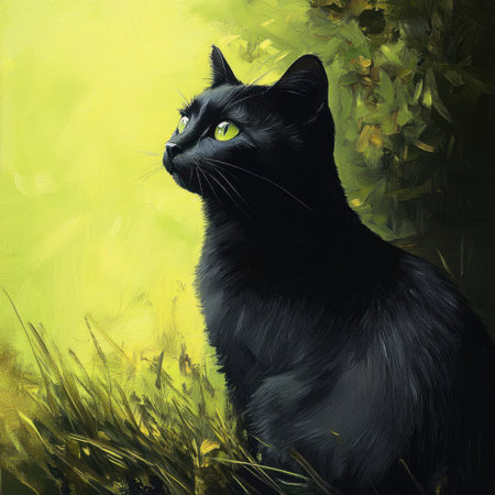 This enchanting image features a black cat with striking green eyes gazing thoughtfully into the distance, set against a lush green background.の素材