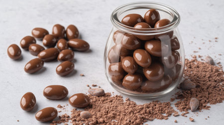 This enticing image features glossy chocolate candies displayed in a glass jar, surrounded by cocoa powder and chocolate beans, creating a delightful dessert scene.の素材
