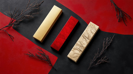Three colorful rectangular wooden blocks in red, gold, and patterned beige set against a striking red and black background with dried twigs.の素材