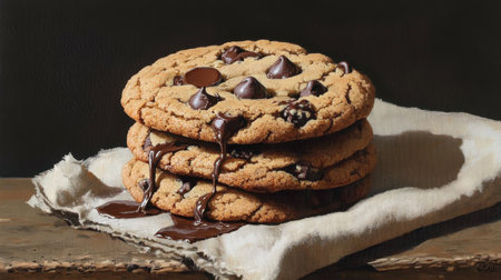 A tempting display of warm chocolate chip cookies stacked on a rustic cloth, featuring melted chocolate drizzling down the sides, perfect for any dessert lover.の素材