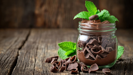 This enticing image features a creamy chocolate dessert elegantly presented in a glass jar, garnished with fresh mint leaves, on a rustic wooden table.の素材