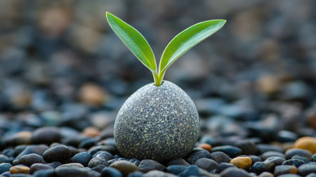 A delicate green sprout with two vibrant leaves grows from a smooth stone, surrounded by an array of river pebbles, symbolizing resilience and new life.の素材