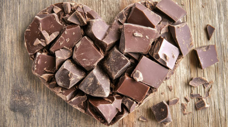A heart-shaped arrangement of dark chocolate pieces on a rustic wooden background, symbolizing love and indulgence in dessert. Perfect for culinary themes.の素材