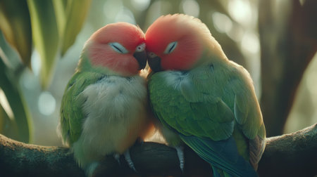 This enchanting image captures a tender moment between two lovebirds nestled closely together on a branch, surrounded by a vibrant green backdrop.の素材