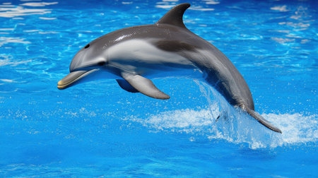 A lively dolphin leaps gracefully above the sparkling blue water, showcasing its playful spirit and agility in a vibrant marine backdrop.の素材