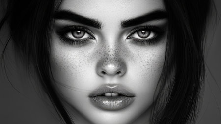 A captivating black and white close-up portrait of a young woman with enchanting eyes and delicate freckles, evoking emotion and elegance through striking features.の素材