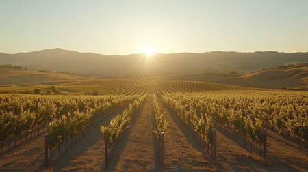 Breathtaking view of a vineyard at sunrise, showcasing vibrant grapevines stretching across rolling hills under a golden sky, perfect for nature lovers.の素材
