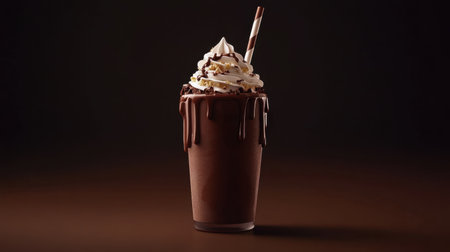A mouth-watering chocolate milkshake topped with whipped cream and drizzled with chocolate, set against a dark background for a rich and enticing look.の素材