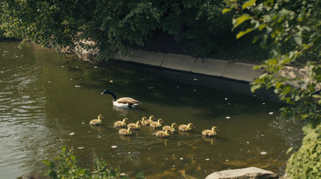 A serene scene of a mother goose accompanied by her adorable chicks swimming peacefully in calm waters, surrounded by lush greenery.の素材