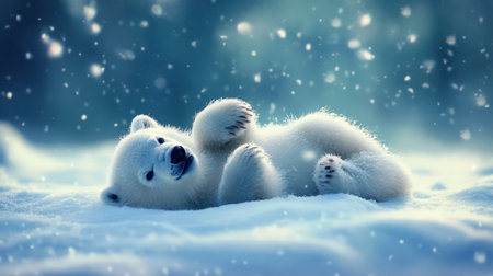 A charming baby polar bear rolls in the soft, fresh snow, surrounded by falling snowflakes, creating a serene winter scene full of innocence and joy.の素材