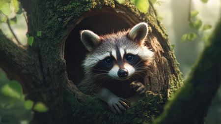 A charming raccoon peers curiously from its cozy tree hollow, surrounded by lush green leaves and soft sunlight. This image captures the essence of wildlife in a tranquil forest.の素材