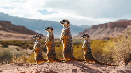 A captivating image of four meerkats standing upright in a stunning desert environment, showcasing their natural alertness and social behavior amidst a beautiful mountain backdrop.の素材
