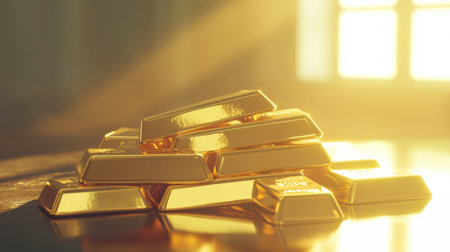 A stunning arrangement of gold bars illuminated by soft, warm light, evoking feelings of wealth and luxury, perfect for finance and investment themes.の素材