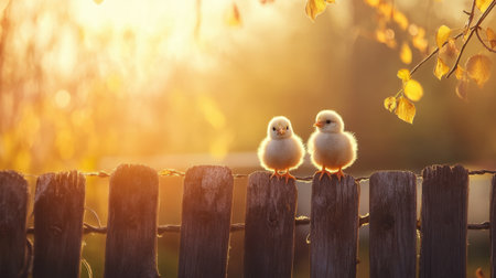 Two fluffy baby birds perch happily on a rustic wooden fence, illuminated by a beautiful golden sunset, capturing a serene moment in nature's embrace.の素材