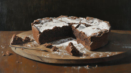 A beautifully presented chocolate cake with a dusting of powdered sugar, sliced on a rustic wooden board, ideal for dessert lovers and baking enthusiasts.の素材