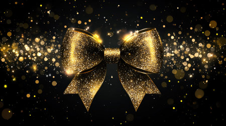 This stunning image features an elegant gold glitter bow set against a sparkling bokeh background. Perfect for enhancing festive decorations and celebrations.の素材