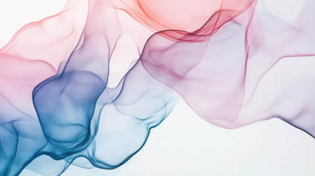 Gentle waves of colorful smoke create an ethereal abstract design on a white background, blending shades of blue, pink, and red for a modern artistic touch.の素材