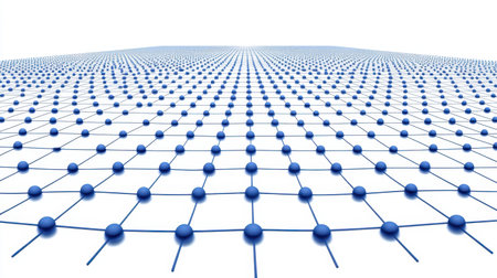 This abstract image showcases a three-dimensional network with blue nodes arranged in a grid formation on a clean white surface, representing connectivity and structure.の素材