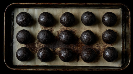 A tray of perfectly round dark chocolate treats showcases culinary creativity and elegance. These delightful snacks are arranged on baking paper, offering a rich visual appeal and inviting texture that highlights their gourmet quality.の素材