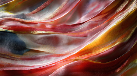 This image features a vibrant, flowing silk fabric with warm tones, showcasing rich textures and gentle waves. Ideal for artistic projects and fashion design.の素材