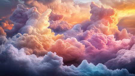 A stunning view of a colorful cloud formation during sunset, featuring warm and cool hues blending harmoniously. This ethereal landscape evokes a sense of serenity and beauty, perfect for a calming backdrop or artistic project.の素材