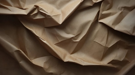 This image features a close-up view of crumpled brown paper, showcasing intricate folds and texture. It is ideal for artistic, craft projects and creative design applications.の素材