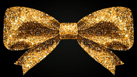 A beautiful gold glitter bow stands out against a black background, perfect for festive occasions, celebrations, and elegant decorations.の素材