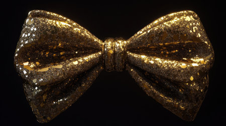 A stunning close-up of a glittering gold bow tie against a dark background. This image captures elegance and glamour, making it ideal for festive celebrations.の素材