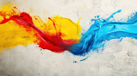 This vibrant image features a dynamic splash of primary colors on a textured background, embodying creativity and artistic energy that captivates the viewer.の素材