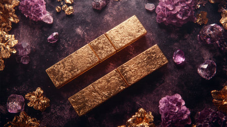 Explore the luxurious allure of gold bars set against glittering amethyst crystals and delicate floral elements, creating a rich and elegant composition.の素材
