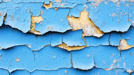 A close-up view of an uneven wall surface with cracked and peeling blue and yellow paint, showcasing urban decay and texture in vibrant colors.の素材
