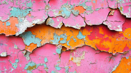 This captivating image showcases a vibrant abstract texture of peeling paint on a weathered surface, featuring a mix of pink, orange, and blue hues. Perfect for artistic and design applications.の素材