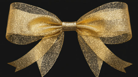 This image features a stunning golden bow with glittering accents, perfect for festive decorations, gift wrapping, and creative projects, set against a black background.の素材