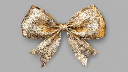 A beautiful gold bow decoration displayed on a gray background, perfect for enhancing gift wrapping or adding elegance to festive events and parties.の素材