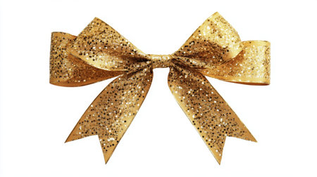 This stunning gold bow sparkles with glitter, perfect for enhancing gifts, decorations, and festive arrangements, adding a touch of elegance to any occasion.の素材