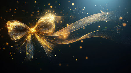 A beautiful golden bow with a shimmering ribbon glides gracefully against a soft-focus background of glowing light effects, creating a magical ambiance perfect for any celebratory design.の素材