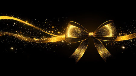 This stunning image features a golden glitter bow adorned with sparkles on an elegant black background, perfect for enhancing celebrations and special occasions.の素材