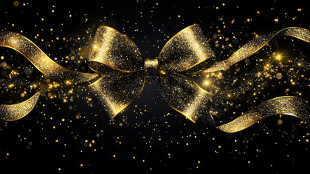 A stunning golden glitter bow accentuated by sparkling lights and a magical bokeh effect. Perfect for event dの素材